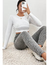 Gray Wide Waistband Ribbed Textured Knit Leggings