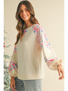 Beau Blue Crinkle Rib Floral Patchwork Balloon Sleeve Top