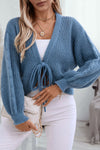 Dusk Blue Solid Color Lace Up V Neck Knit Cardigan