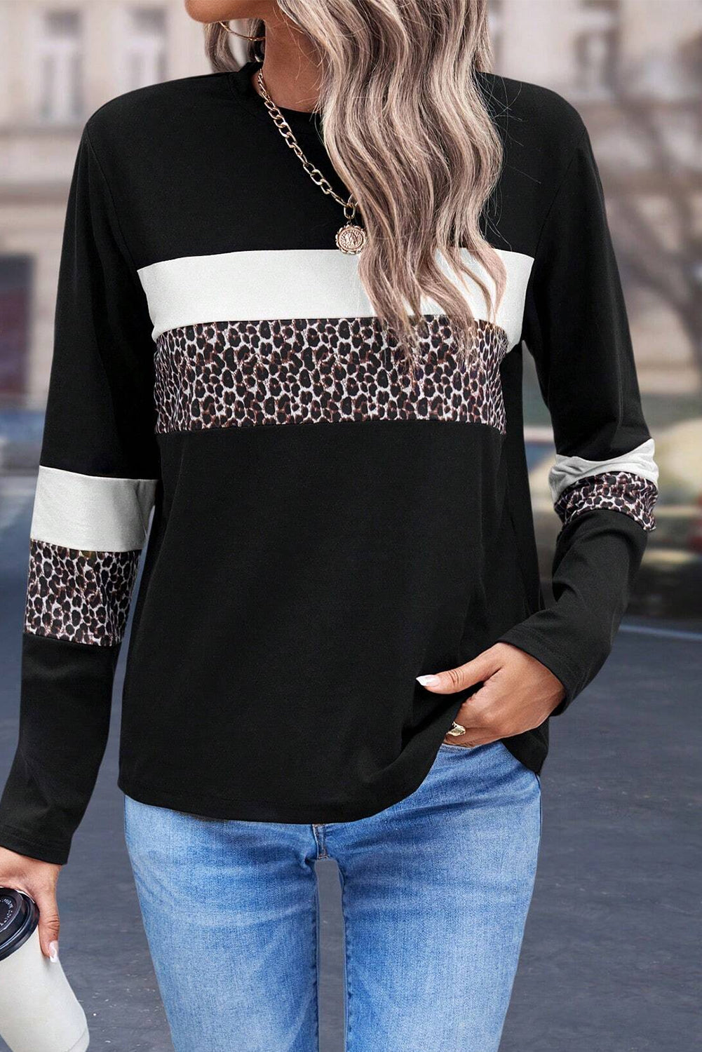 White Leopard Colorblock Patchwork Crew Neck Top