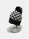 Checkered Knit Hat with Pompom