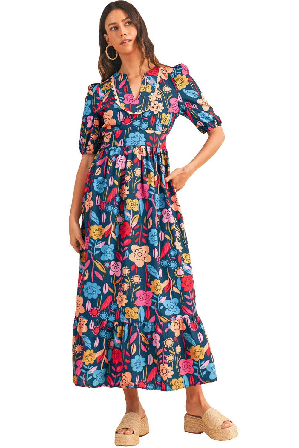 Green Floral Print Split V Neck Puff Sleeve Maxi Dress