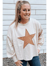 Beige Star Pattern Studded Crew Neck Plus Size Top