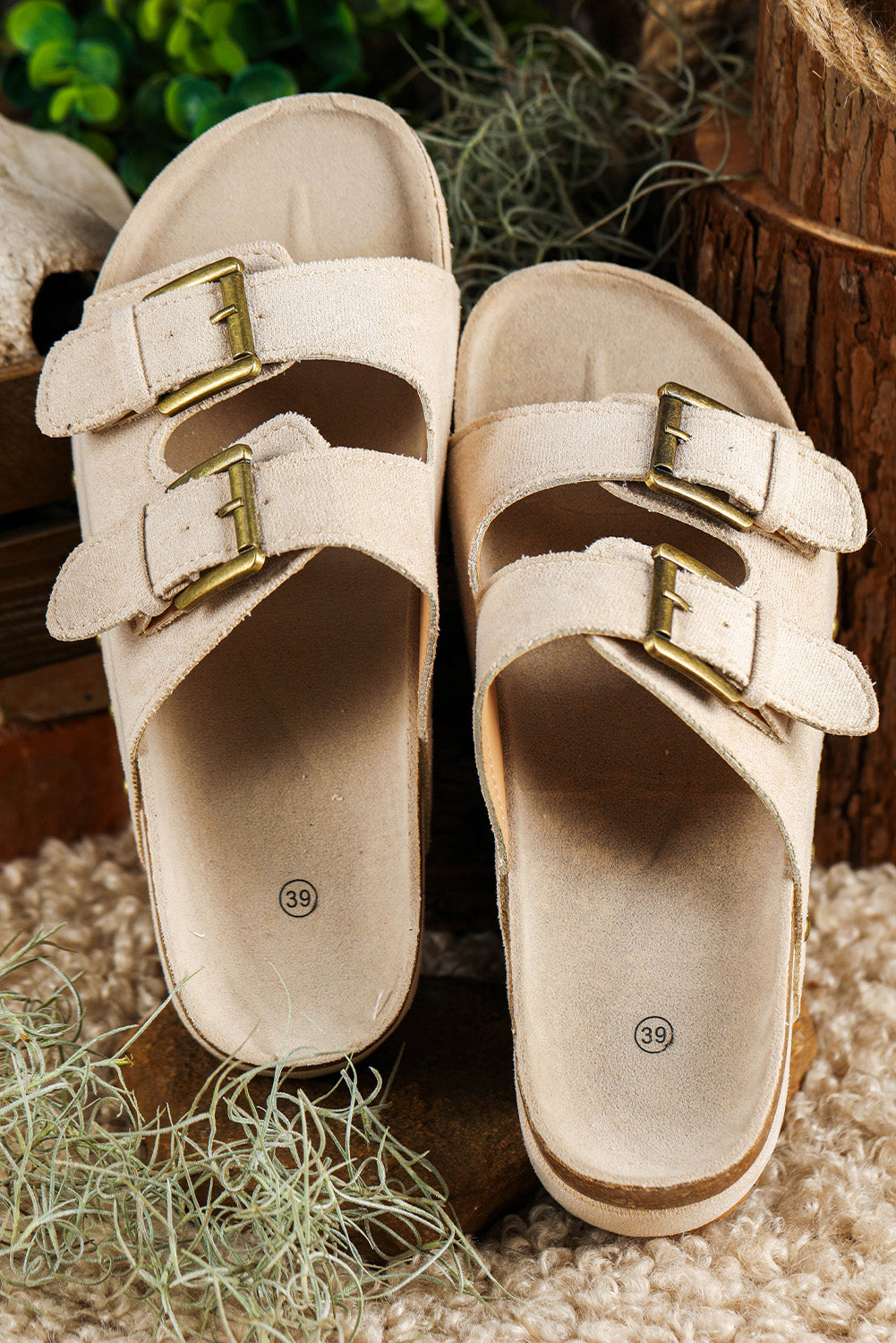 Beige Suede Buckle Decor Corky Platform Slides Shoes