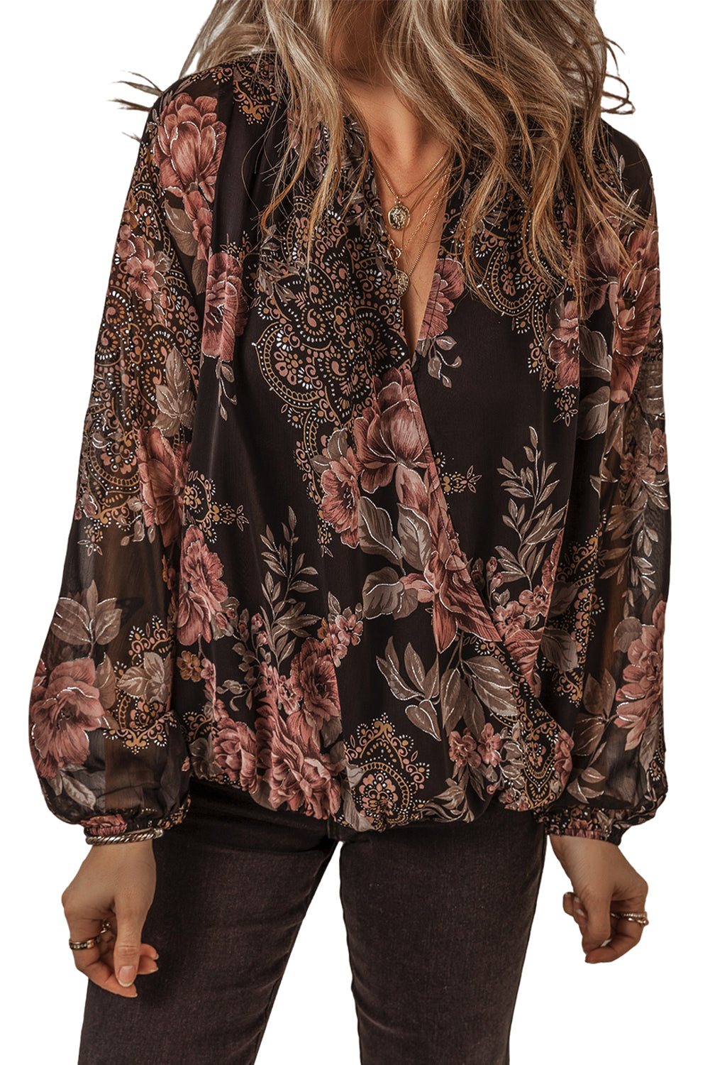 Black Floral Print Criss Cross V Neck Balloon Sleeve Blouse