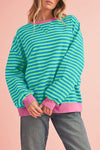 Blue Stripe Contrast Edge Cross Seam Oversized Pullover