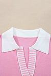 Pink Striped V Neck Collared Colorblock Patchwork Sweater