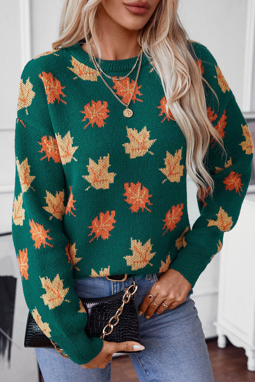 Evergreen Maple Leaf Pattern Pullover Sweater