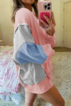 Apricot Pink Exposed Seam Colorblock Patchwork Split Cuffs Oversized Sweatshirt