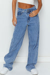Sky Blue Mid Rise Asymmetrical Waist Wide Leg Jeans