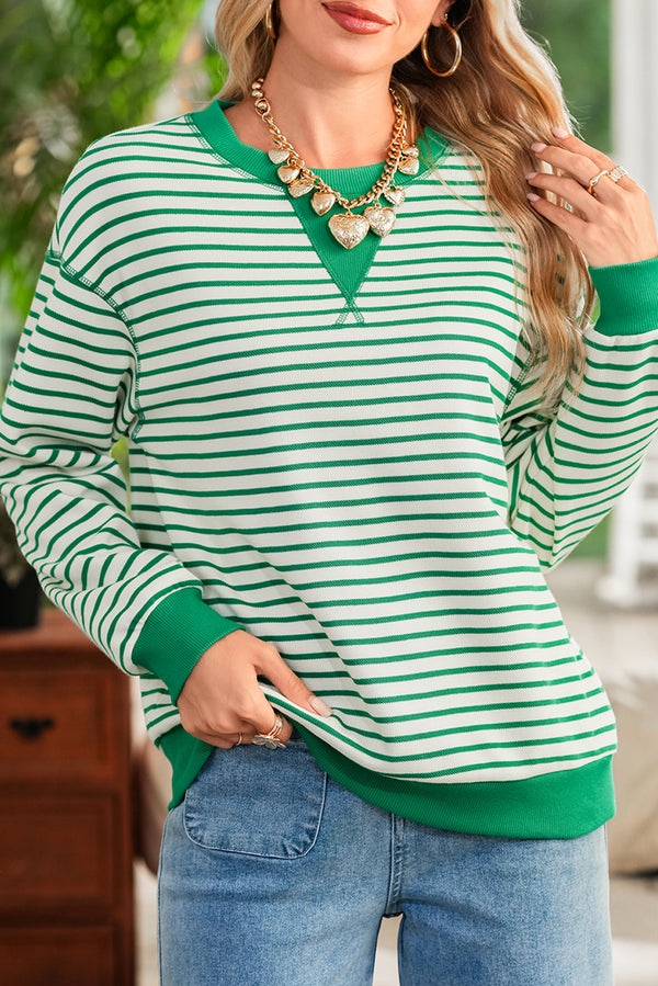 Bright Green Striped Contrast Trim Long Sleeve Top