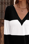 Decorative Button Contrast V-Neck Long Sleeve T-Shirt