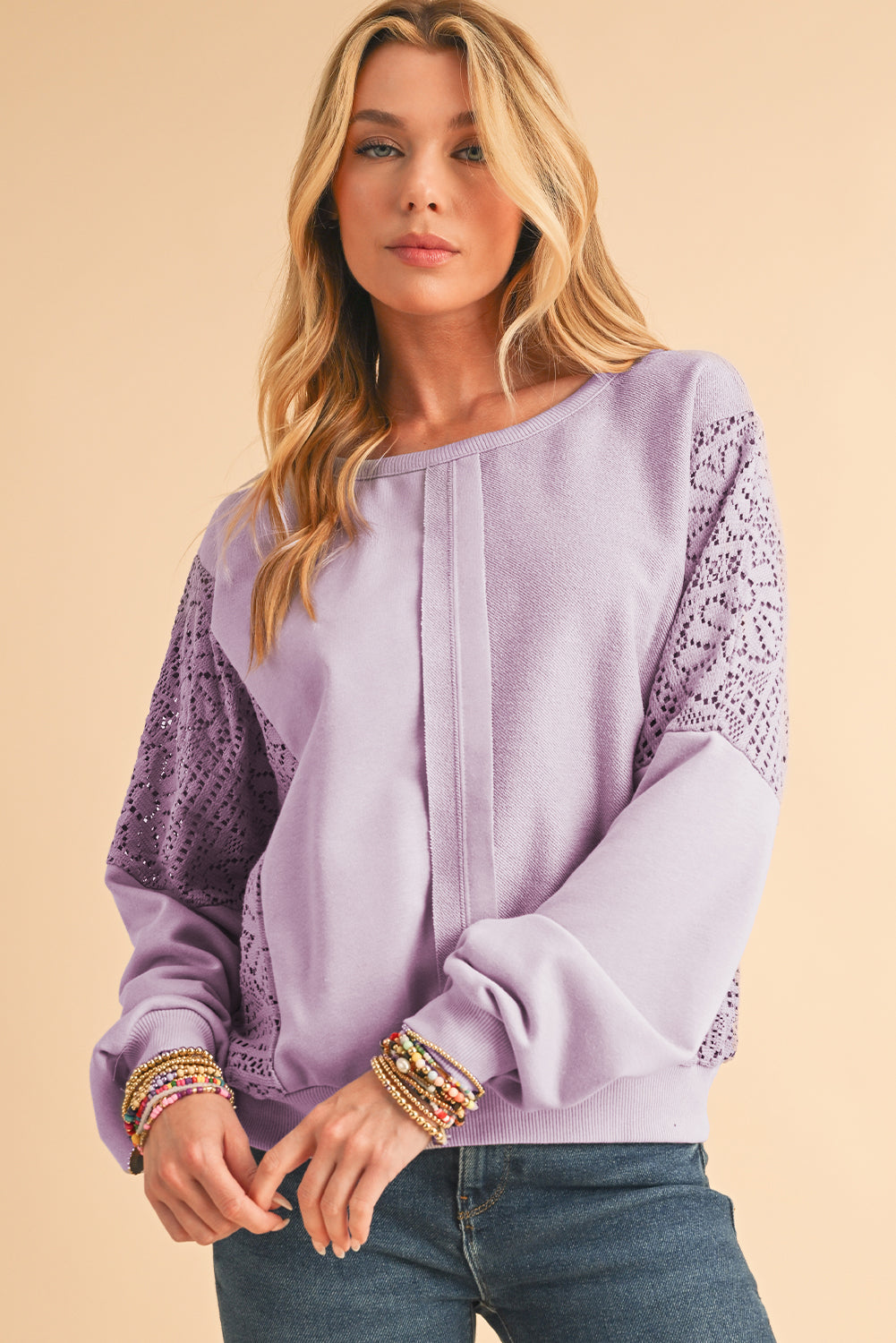 Parchment Crochet Patchwork Exposed Seam Ribbed Trim Sweatshirt