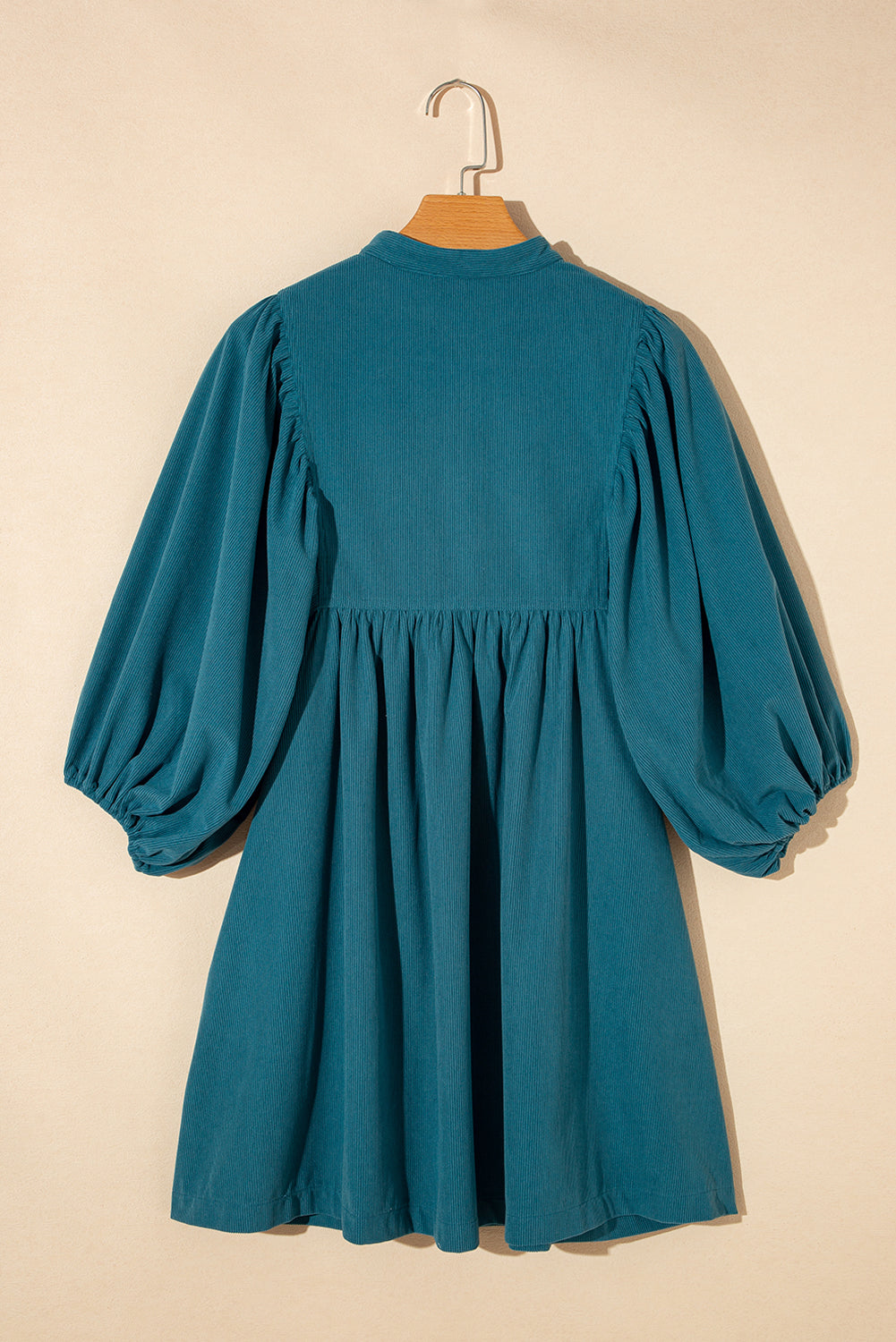 Vineyard Green Light Snap Button Empire Waist Lantern Sleeve Corduroy Dress