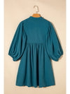 Light Blue Snap Button Empire Waist Lantern Sleeve Corduroy Dress