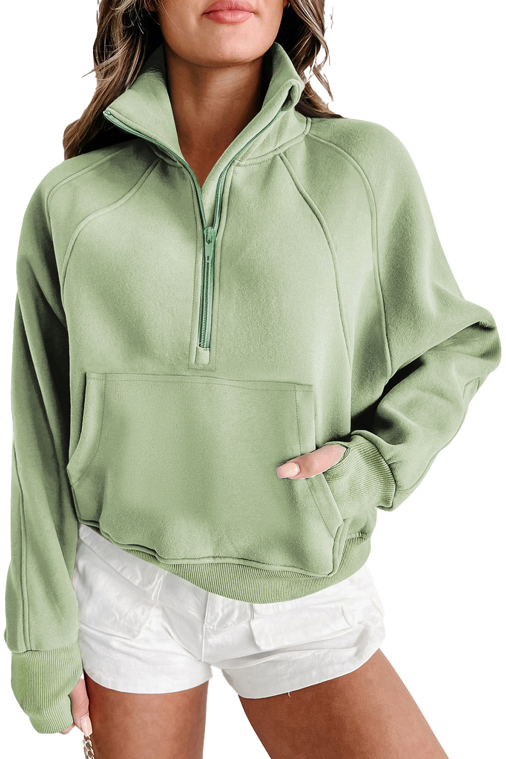 Parchment Quarter Zip Stand Neck Kangaroo Pocket Sweatshirt