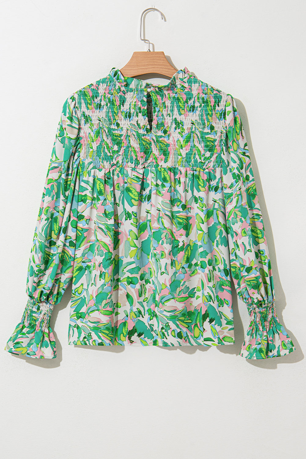 Green Abstract Print Puff Sleeve Frill Neck Shirred Blouse