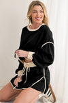 Coffee Contrast Trim Loose Pullover and Lace-up Waist Skort Set