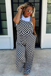 Black Checkered Print Pocketed Wide Leg Overall