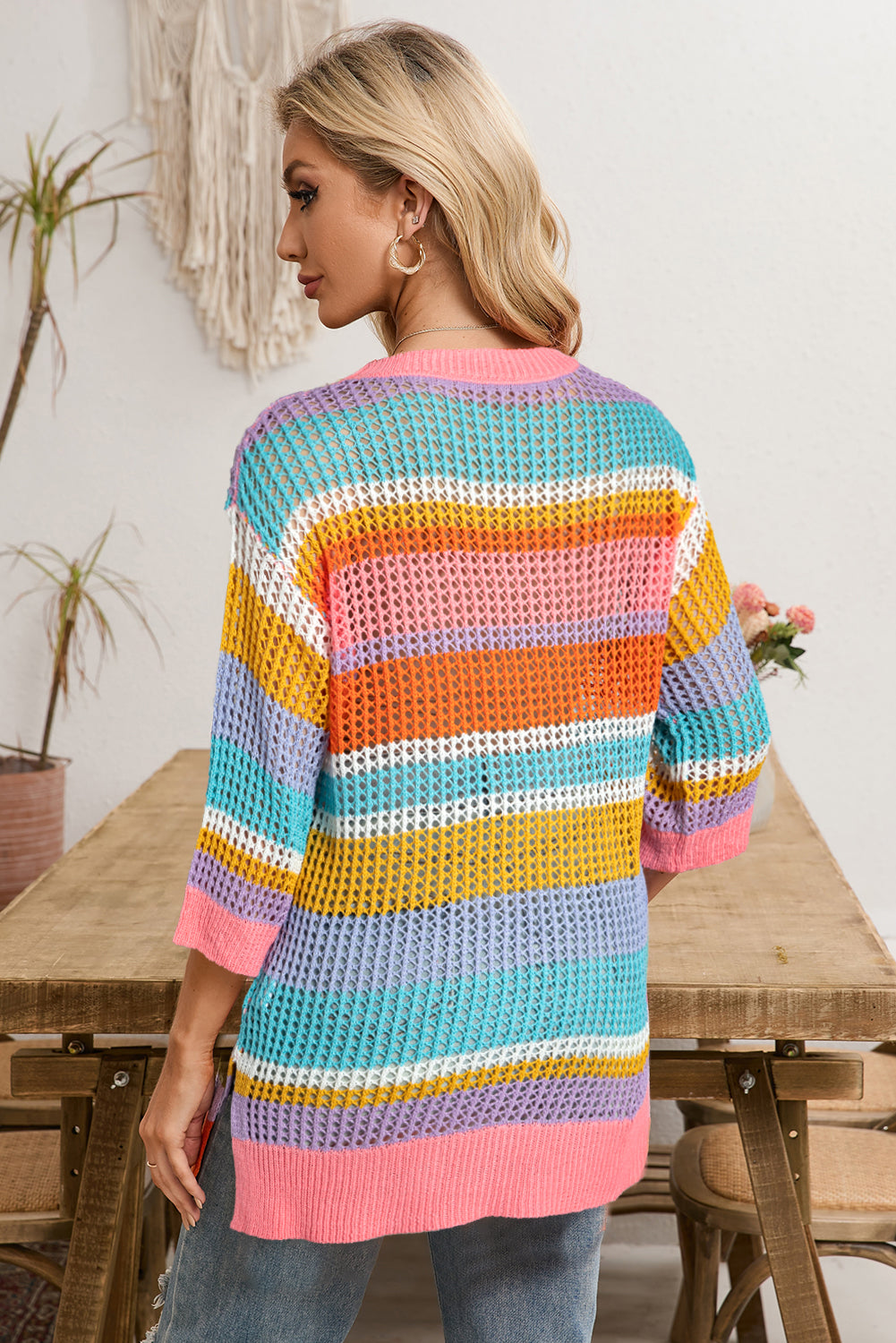 Pink Striped Color Block Hollow Crochet 3/4 Sleeve T Shirt