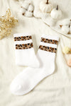 White Leopard Double Stripe Crew Socks