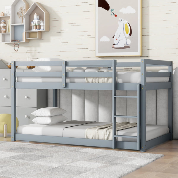 Solid Wooden , Solid Rubber Wooden Twin over Twin Floor Bunk Bed with Ladder ,Upper and Bottom Bed Platforms crafted with Strengthened Slats ,Grey