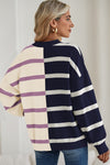 Light Beige Striped Colorblock Drop Shoulder Sweater