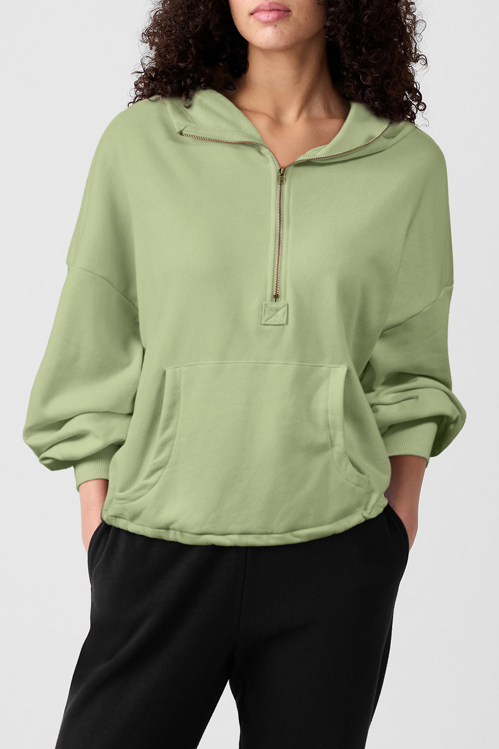 Smoke Green Half Zipper Kangaroo Pockets Drop Shoulder Hoodie