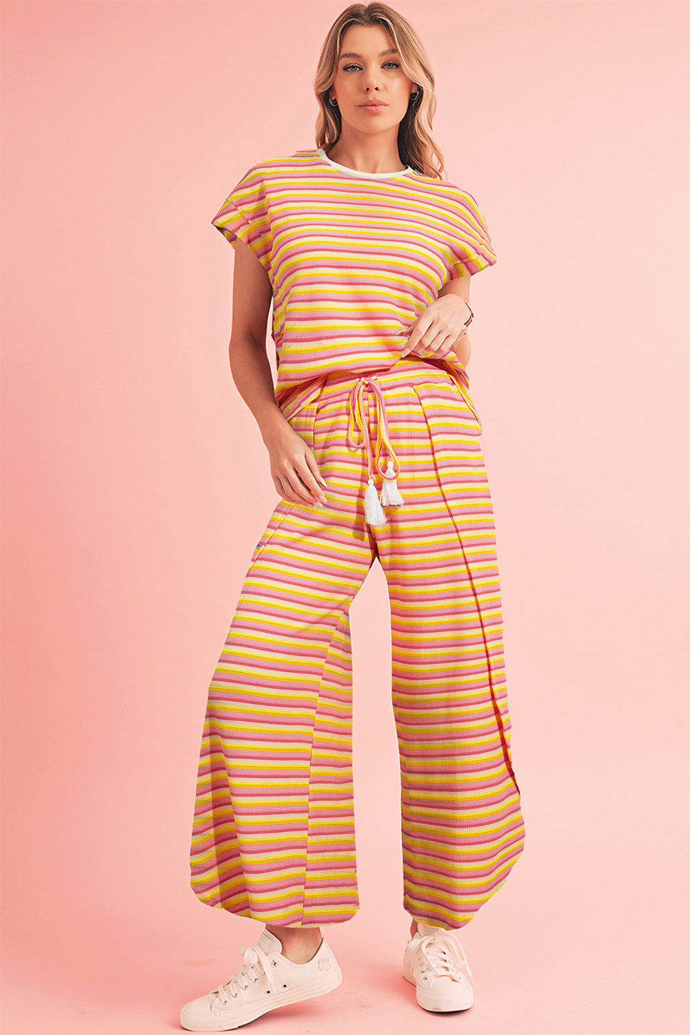 Pink Stripe Rainbow Tee and Tassel Drawstring Wide Leg Pants Set