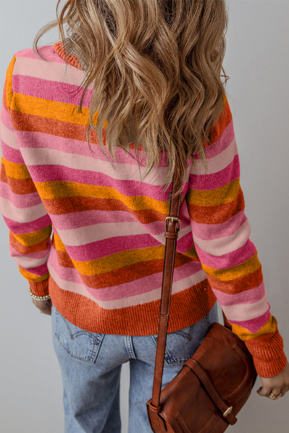 Orange Striped Ribbed Edge Round Neck Sweater