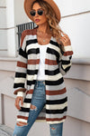 Black Striped Color Block Casual Hollow Cable Knit Cardigan