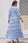 Sky Blue Geometric Print Notch Neck Plus Size Maxi Dress