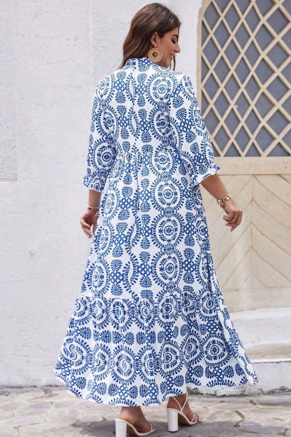 Sky Blue Ethnic Geometric Print Notch Neck Plus Size Maxi Dress