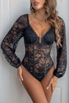 Black Lace Long Sleeve V Neck Bodysuit