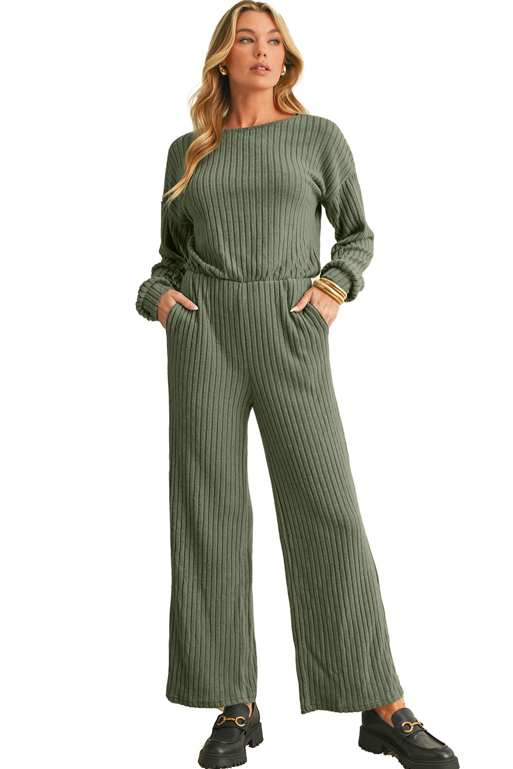 Laurel Green Solid Ribbed Knit Keyhole Back High Waist Jumpsuit