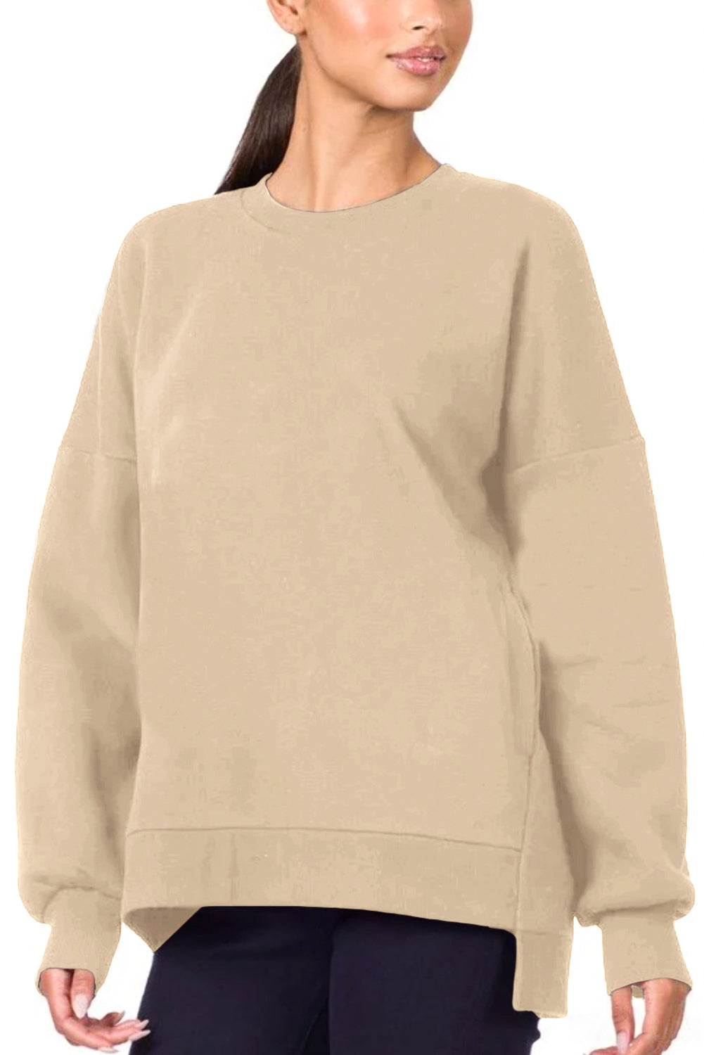 Bonbon Solid O Neck High Low Hem Pullover Sweatshirt