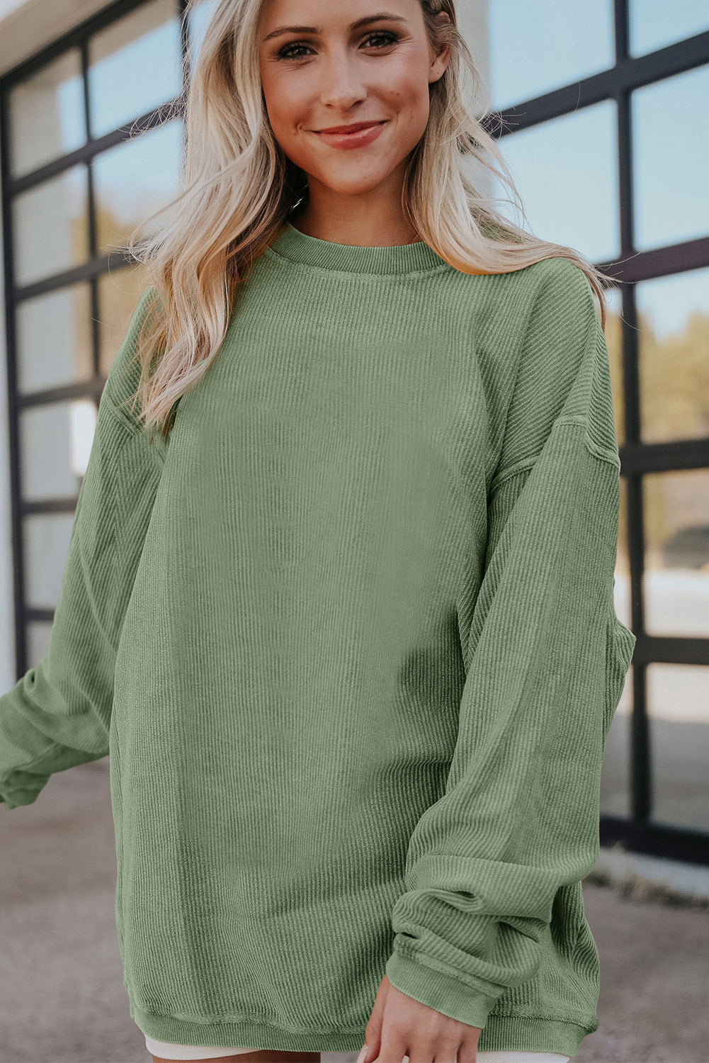 Light Grey Drop Shoulder Crinkle Rib Oversized Sweatshirt