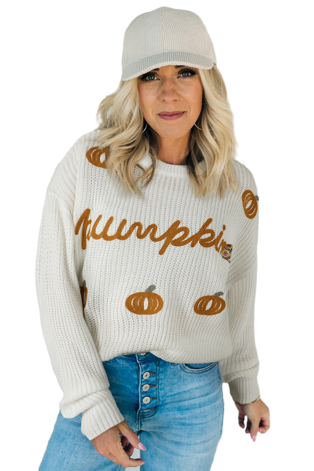 White Crochet Pumpkin Drop Shoulder Sweater