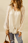 Beige Casual Leopard Sleeve Fringe Split Neck Blouse