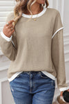 Beige Contrast Color Trim Knit Drop Shoulder Loose Top