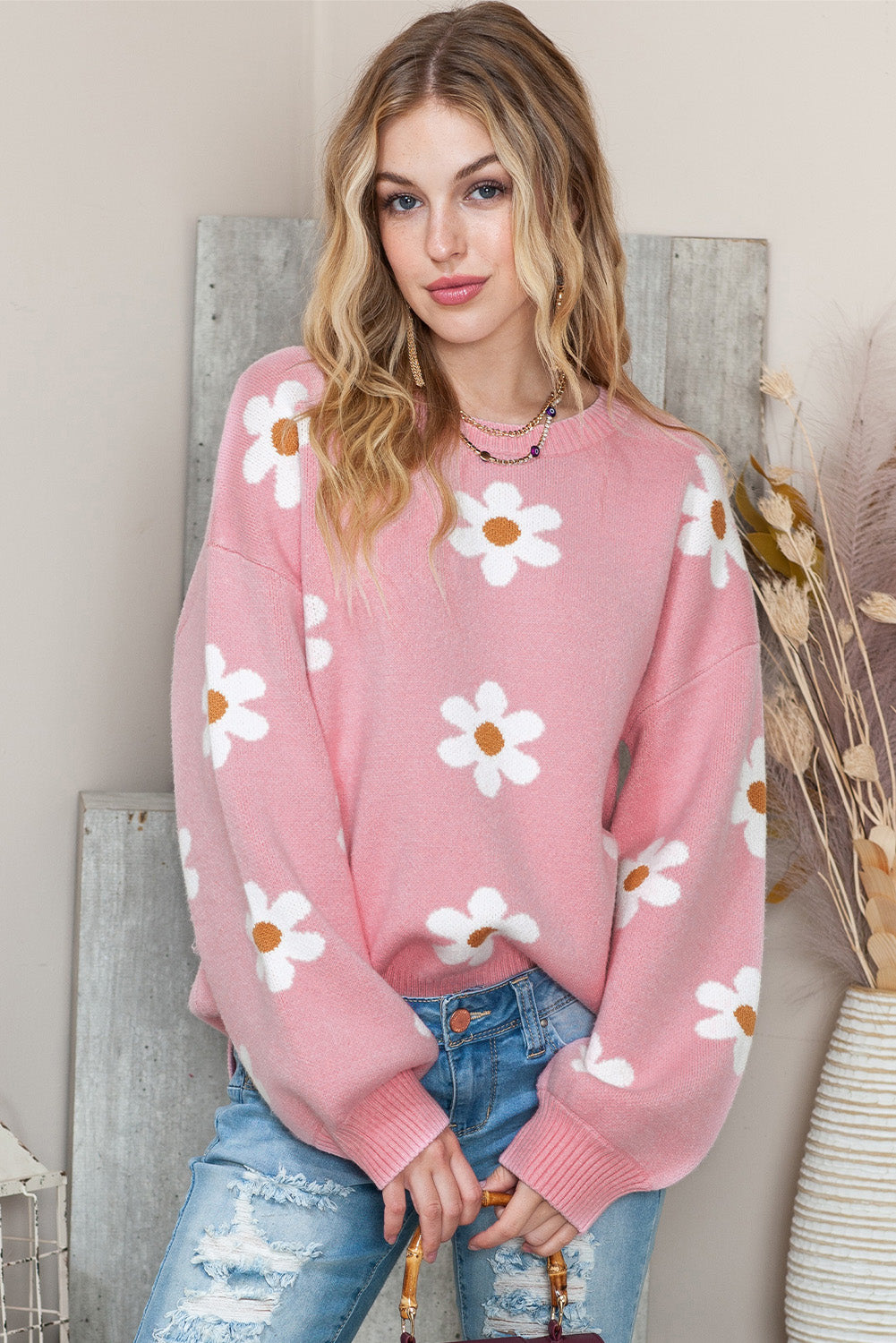 Pink 60s Floral Pattern Drop Shoulder Pullover Knit Sweater