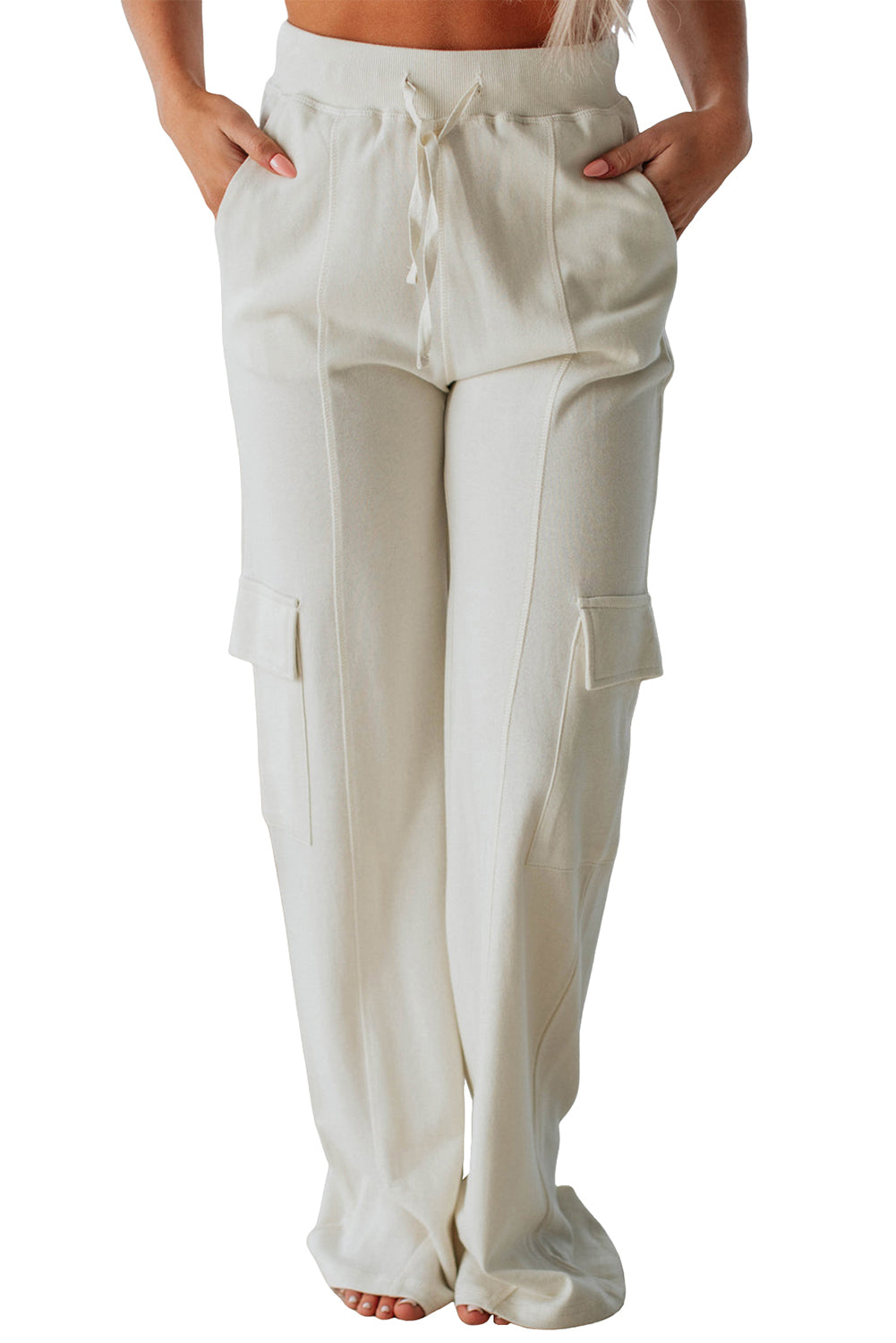 Beige Plain Cargo Pockets High Waist Sweatpants