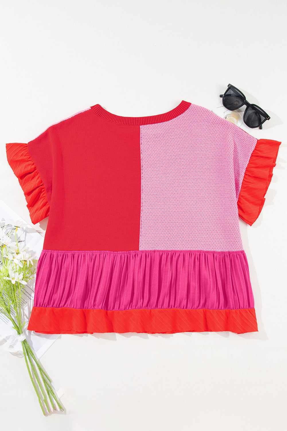 Tomato Red Mix Knitted Patchwork Ruffle Trim Loose T Shirt