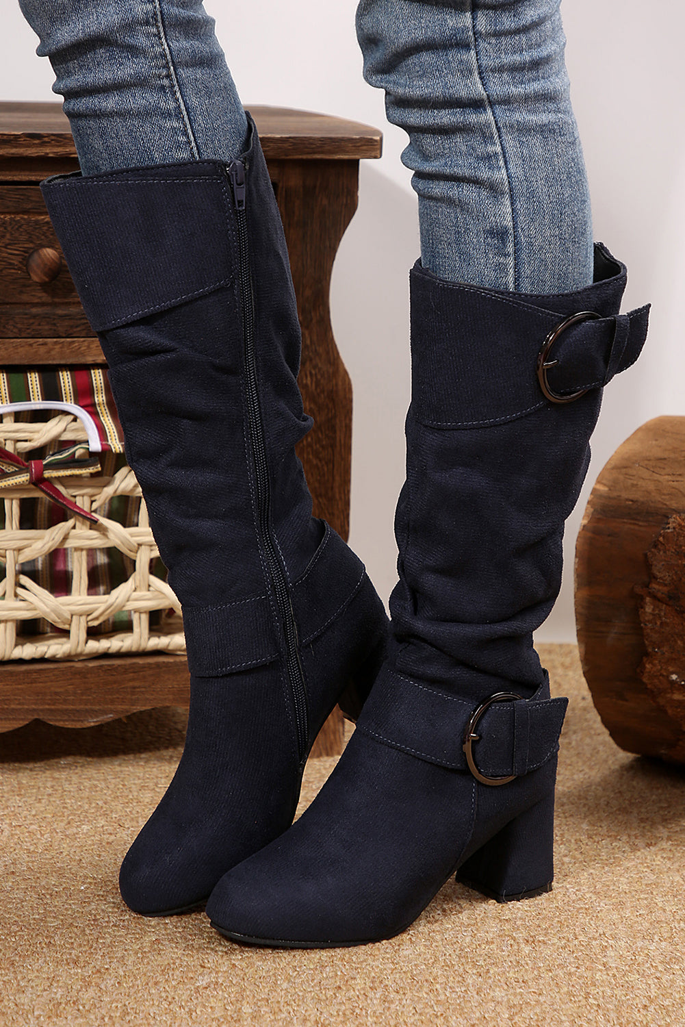 Coffee Suede Double Buckled Side Zipped Mid-calf Boots