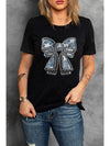 Black Rhinestone Bowknot Graphic Crewneck T Shirt