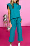 Black Textured Ruffle Summer Top and Drawstring Pants Set