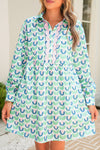 Green Floral Print Scallop Trim Pocket Mini Dress