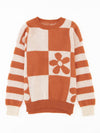 Brown 60s Floral Checkered and Striped Knitted Pullover Sweater - Cocoa Yacht Club