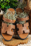 Brown Leather H Band Flat Slides Shoes