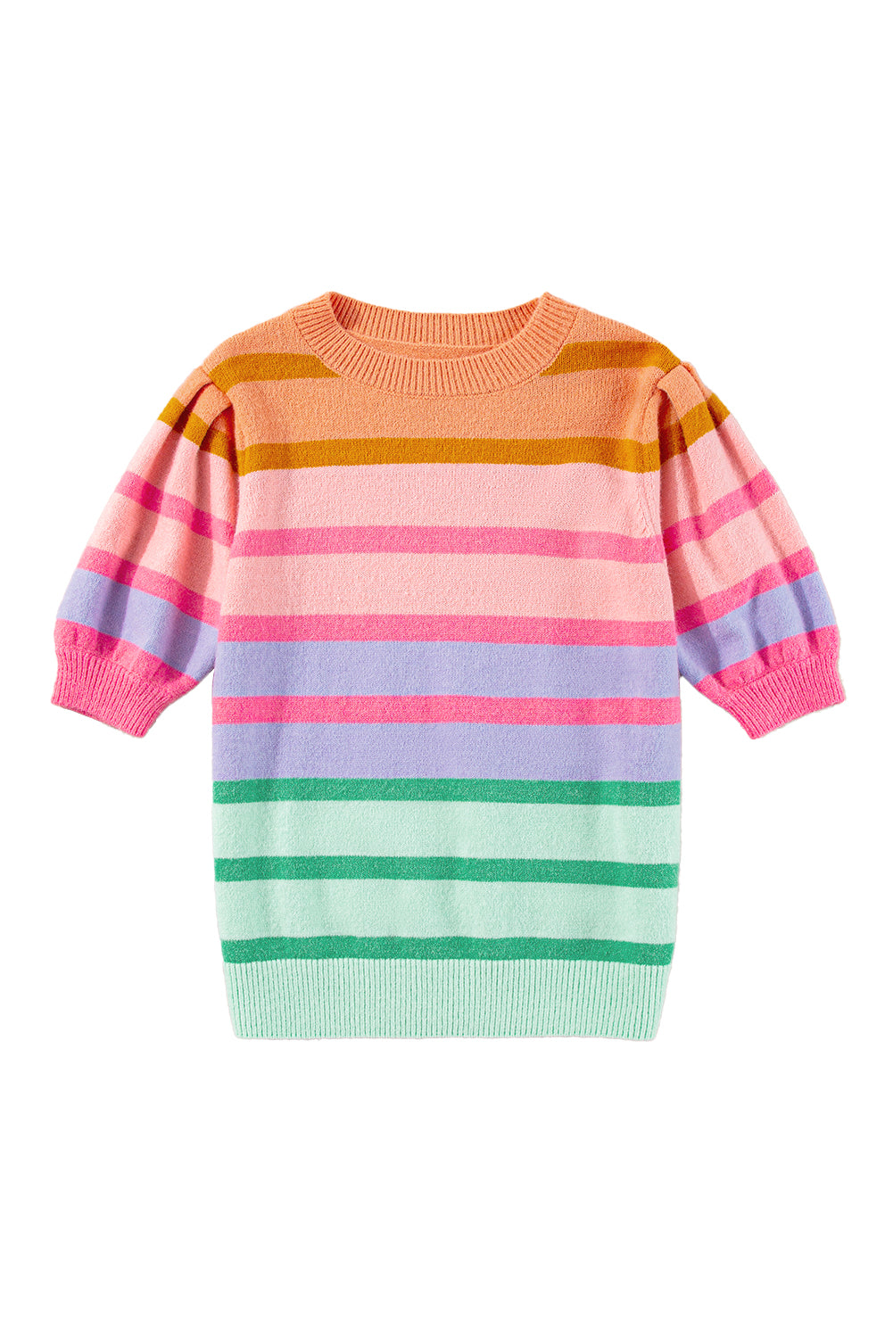 Rose Red Colourful Stripe Bubble Sleeve Gradient Knit Top